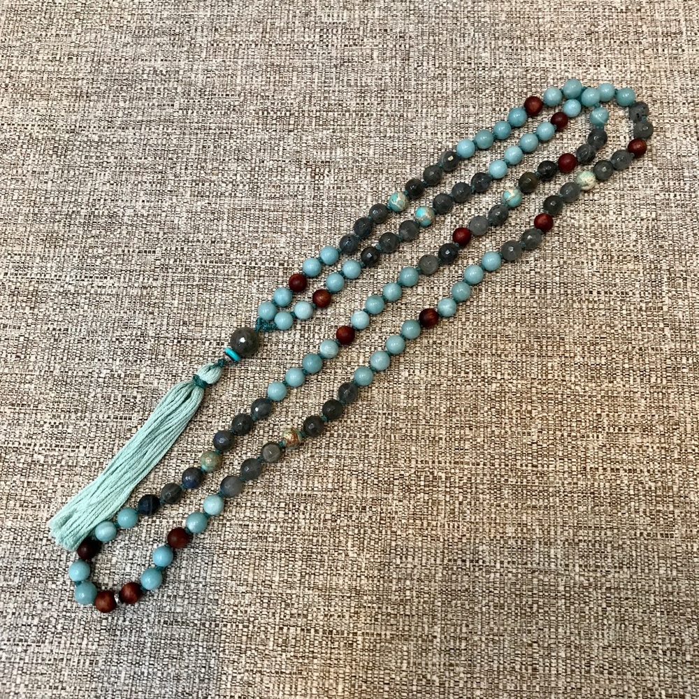108 bead Amazonite, Impression Jasper, Labradorite and Rosewood Mala Necklace